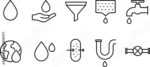 Water filtration and eco plumbing icons set. Pipes, taps, filters, drops, sustainable water outline symbols