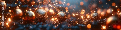 Panoramic Golden Christmas Ornaments Bokeh Lights Festive Celebration