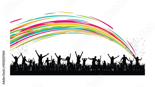 Celebrating Community: A silhouetted gathering of joyous figures raise their arms in a vibrant display of unity, energy and vibrant colors streaking across the sky.
