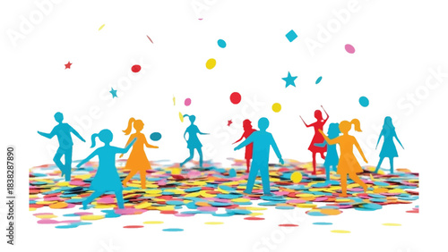 Colorful Celebration: Silhouette figures engage in lively interaction amidst a cascade of vibrant confetti, evoking the atmosphere of joy and festivity. 