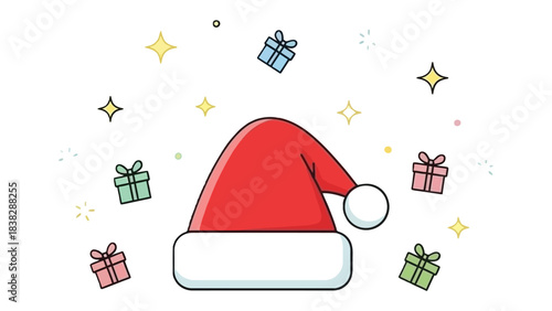 Festive Cheer: A charming cartoon featuring a Santa hat, twinkling stars and gifts, encapsulates the warmth and excitement of the holiday season.