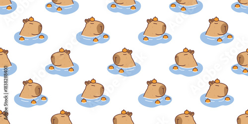 Seamless pattern of cute capybara relaxing in a warm bath with oranges cartoon, vector illustration