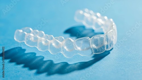 Clear dental aligner on blue background with shadow effect  