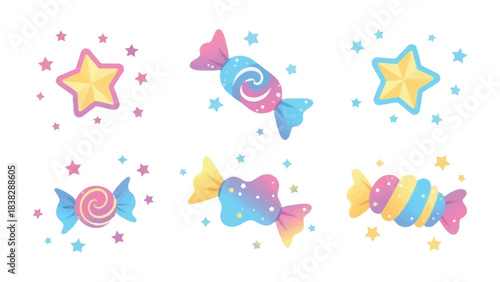 Candy and Stars: Colorful candies and shining stars creates a cute and playful design for various uses.