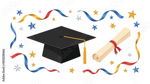Academic Achievement Icon: A depiction of academic triumph, featuring a mortarboard and diploma, encircled by ribbons and stars, which showcases the journey through education.