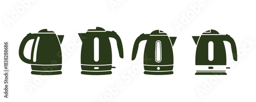 Solid color electric kettle with four distinct designs. A kitchen icon that stands out. Vector illustration.

