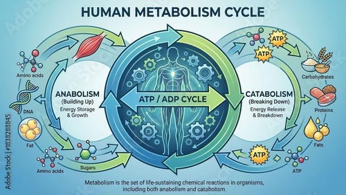 Human metabolism cycle infographic illustrating anabolism for energy storage and growth, catabolism for energy release and breakdown, and the continuous atp/adp cycling essential for the human body