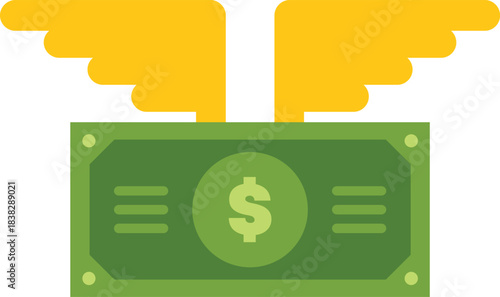 Green dollar banknote flying away with golden wings, representing fast money transfer, expenses, or savings loss