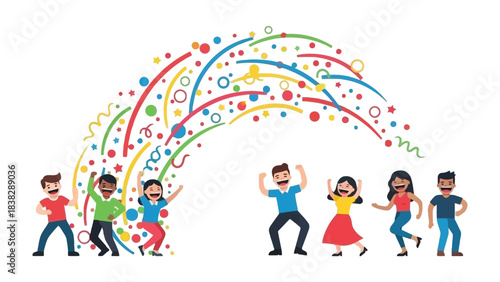 Joyful Celebration: A group of individuals celebrate, exuding excitement amidst a shower of colorful confetti, capturing the essence of jubilation.
