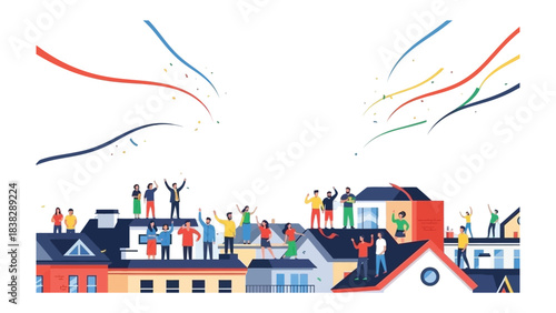 Community Celebration on Rooftops: A vibrant display of community spirit, with cheerful figures standing on rooftops, celebrating with joy and enthusiasm. Colorful lines soar through the sky.