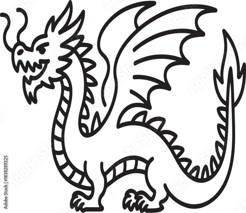Mythical dragon vector outline drawing with large wings and traditional fantasy creature depiction