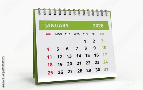Standing  Desktop calendar for January 2026, standard format with a green header and metal spiral binding, the week starting on Sunday.