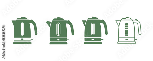 A simple electric kettle in a solid single color with four different designs. It's a solid kitchen icon. Vector illustration.