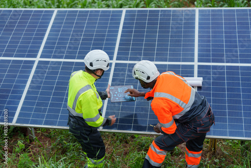 Asian and European solar engineers provide consulting and performance testing services for solar panels outside power plants and wind turbines.