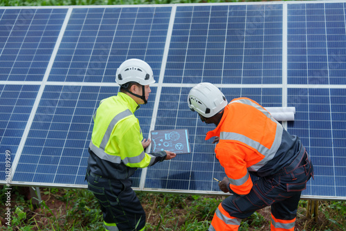 Asian and European solar engineers provide consulting and performance testing services for solar panels outside power plants and wind turbines.