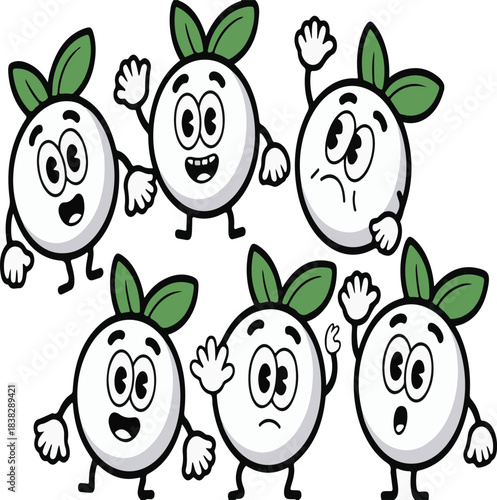 Six cartoon root vegetable characters vector set with various emotions and waving hands for food and agriculture concepts