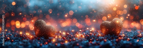 Panoramic View of Two Heart-Shaped Objects Amongst Glowing Sparks