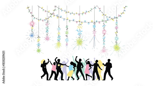 Dancing Silhouette at Party: A vibrant celebration unfolds with dancing silhouettes under festive string lights, capturing the lively atmosphere of a social gathering.