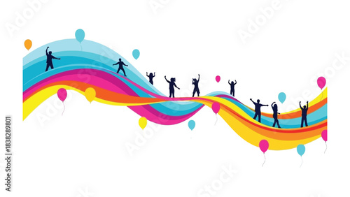 Celebration of Vibrant Spectrum: Silhouette figures jubilantly dance atop a dynamic wave of color, complemented by floating balloons, signifying joy, festivity, and the essence of achievement.