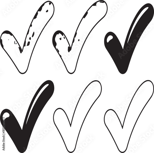 Six hand drawn checkmark vector icons with a rough textured appearance in black on transparent background
