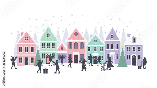 Winter Village: Festive silhouettes of buildings and people in a snowy winter village create a scene of joy and celebration, inviting viewers to share in the communal spirit of the season.