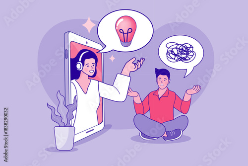 Confused man with tangled thoughts receiving lightbulb solution from woman on smartphone. Concept of online psychotherapy, virtual counseling support, and remote problem solving.