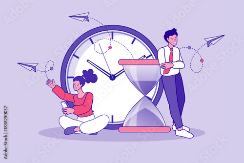 Business team planning project deadline with giant clock and hourglass. Concept of strategic time management, smart workflow efficiency, patience for success, and controlling business schedule.