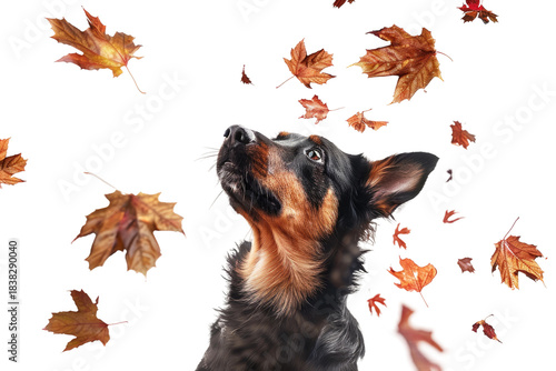 A Dog Gazing up at Autumns Dance. White or PNG Transparent Background.