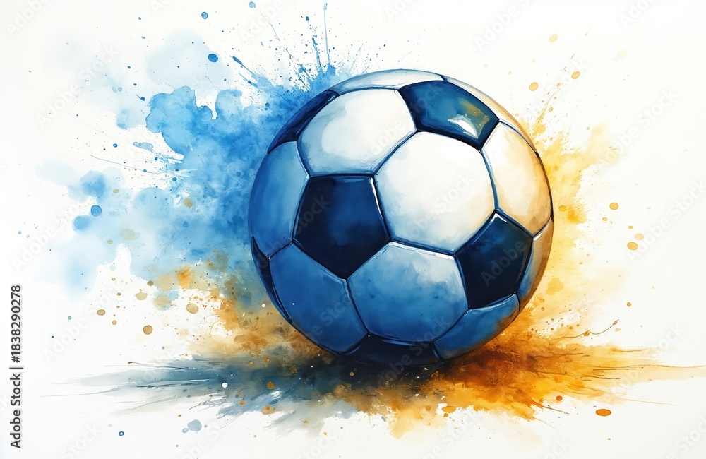Fototapeta premium Artistic watercolor drawing shows classic soccer ball. Blue, gold paint splashes surround football on white paper. Sports game object looks energetic, dynamic, creative art piece perfect for