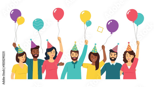 Celebratory Joy: a lively gathering of individuals joyously waving balloons in a vibrant display of celebration, capturing the essence of togetherness and shared happiness.