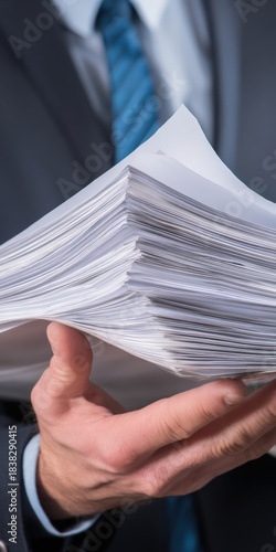 Businessman holding large stack of paper documents