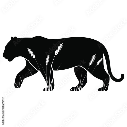 Black panther walking through tall grass silhouette vector illustration depicting wild cat in natural habitat with subtle details of surrounding flora