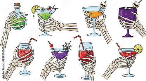 Spooky skeleton hands raising a collection of colorful Halloween themed beverages and potions
