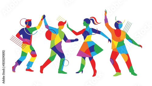 Joyful Choreography: A vibrant and harmonious group of dancers, each adorned in a colorful array, gracefully move together, their silhouettes painted with vivid hues.