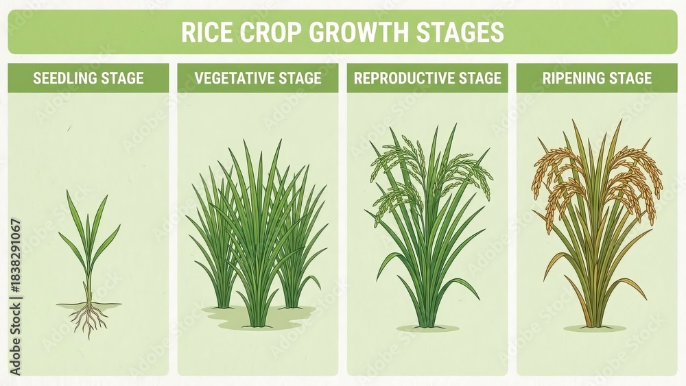 Fototapeta premium Rice plant growth stages infographic showing the evolution from seedling, through vegetative and reproductive phases, to the final ripening and harvest-ready panicle