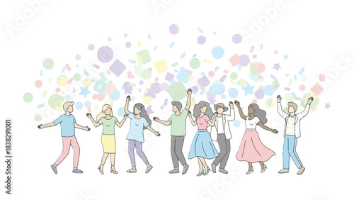 Celebration and Togetherness: A diverse group of people joyfully dancing, celebrating and coming together to show a strong sense of unity and shared moments.