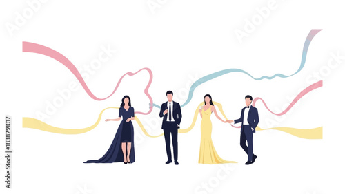 Elegant Gathering: Four figures, attired in refined evening wear, gather amidst a vibrant display of flowing ribbons, creating an atmosphere of sophistication and unity.