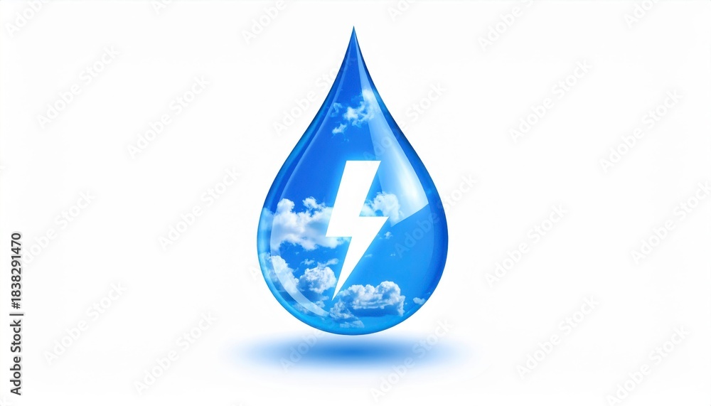 Obraz premium Blue water drop with white lightning and clouds inside on white background, energy and clean power icon.