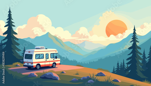 Rv parked on scenic overlook during vivid mountain sunrise