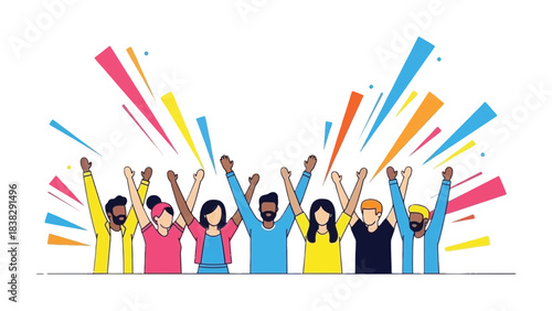 Team Celebration: An energetic group of diverse people raise their arms in a burst of colorful celebration, embodying unity, achievement, and vibrant community spirit.