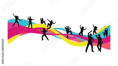 Silhouette Dancers in Motion: Dynamic silhouettes of dancers move energetically against a backdrop of flowing, vibrant color, capturing the spirit of movement and the joy of dance.