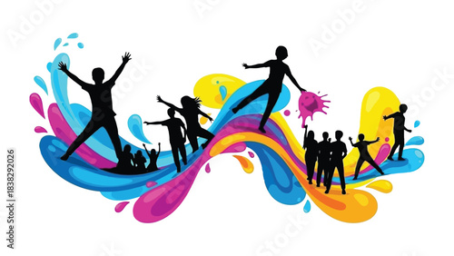 Burst of Color and Life: Silhouette figures dance and celebrate against a vibrant backdrop of dynamic paint splashes. A visual celebration of movement and the human spirit.