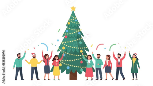 Holiday Cheer: A diverse group of people gathers joyfully around a vibrantly decorated Christmas tree, a kaleidoscope of seasonal mirth and unity.
