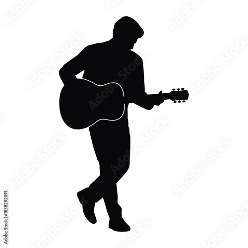 Musician playing acoustic guitar while standing and performing silhouette vector illustration depicting artist strumming strings and walking with musical instrument in hand