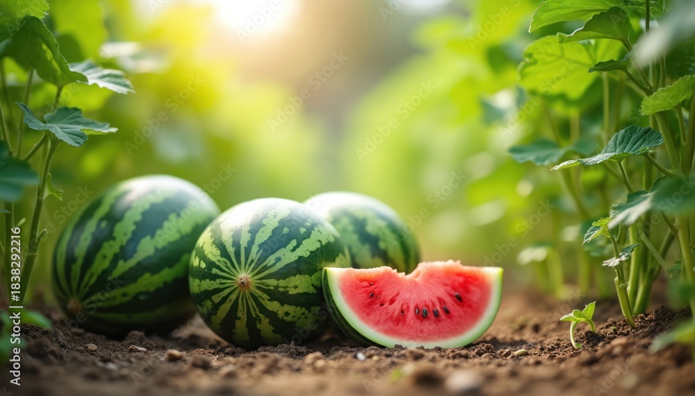 Fototapeta premium Ripe watermelons grow on fertile soil among green leaves. A fresh slice shows juicy red flesh and black seeds. Natural sunlight illuminates the summer garden harvest.