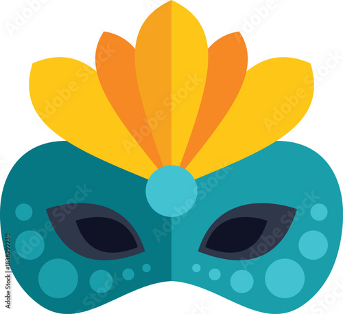 Teal carnival mask with orange feathers and turquoise gem representing mardi gras celebration, isolated on white background