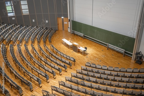View from above into an empty lecture theatre with rows of seats and lectern, interior photo, Department of Mechanical Engineering, Technical University of Munich, TUM, Garching, Bavaria, Germany