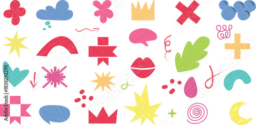 Colorful organic doodle hand drawn colorful set. shapes and squiggles childish style. Abstract funny cute kids shapes elements. naive art. Vector illustration.