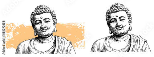 Hand drawn Buddha head vintage vector illustration showing meditating face sketch in engraving style