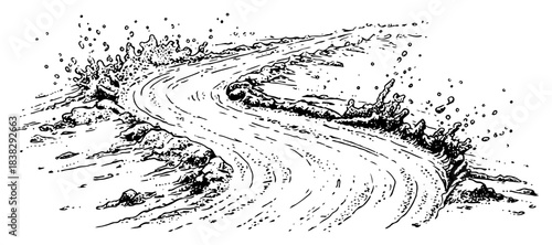 Winding river stream or muddy road with splashes Hand drawn ink sketch vector illustration